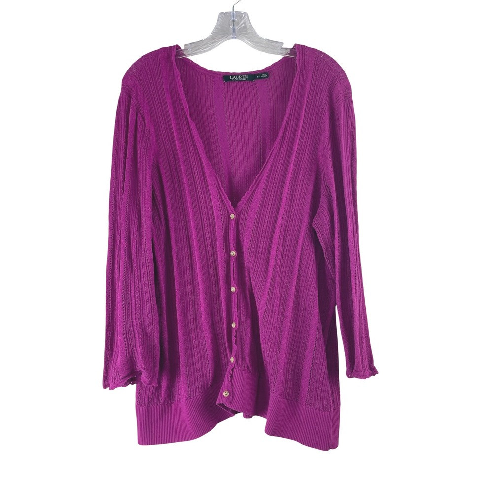 Lauren Ralph Lauren Cardigan 2X Pink Purple Pointelle Knit‎ Preppy Classic